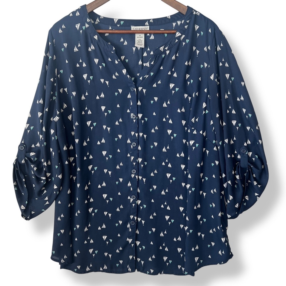 Catherines 1X Navy Blue Sailboat Button Up Roll Tab Sleeve Blouse Plus‎ Novelty